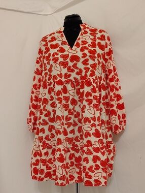 Red Heart Print Tiered V-Neck Dress